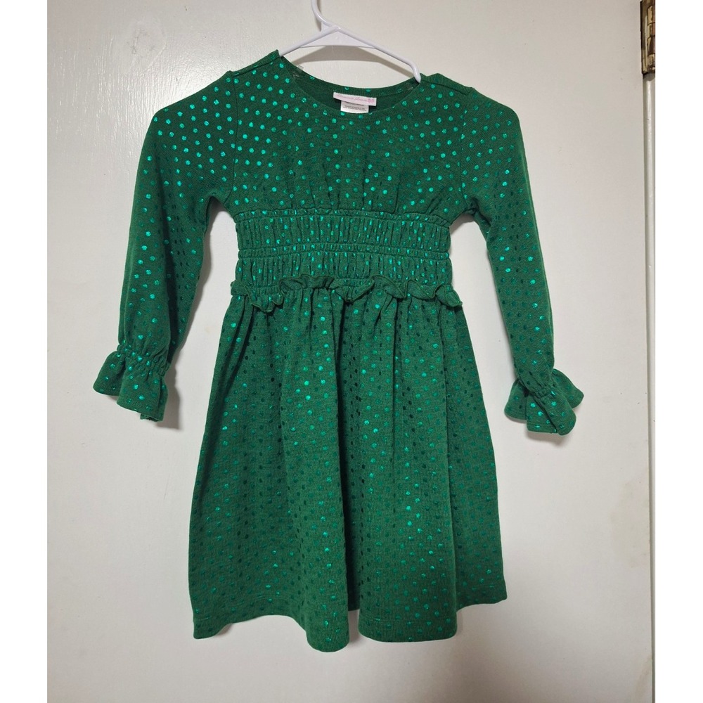 Bonnie Jean Girls Sz 6 Green Metallic Foil Polka Dot Long Sleeve Smocked Dress